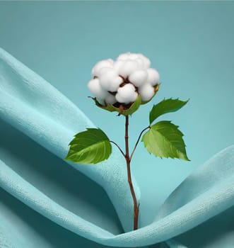 Cotton branch with green leaves on knitted background. Vector illustration.Illustration of a white cotton flower on a cloth background. Beautiful cotton flowers with green leaves on fabric, closeup