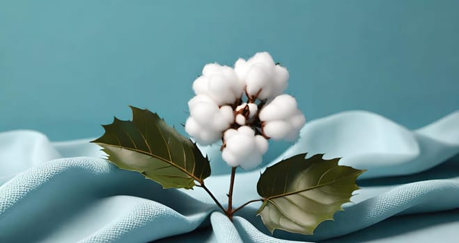 Cotton branch with green leaves on knitted background. Vector illustration.Illustration of a white cotton flower on a cloth background. Beautiful cotton flowers with green leaves on fabric, closeup