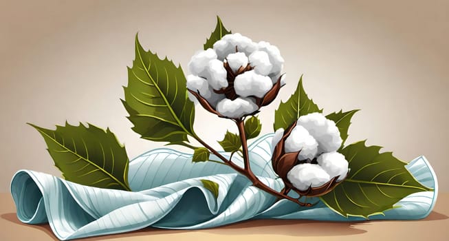 Cotton branch with green leaves on knitted background. Vector illustration.Illustration of a white cotton flower on a cloth background. Beautiful cotton flowers with green leaves on fabric, closeup