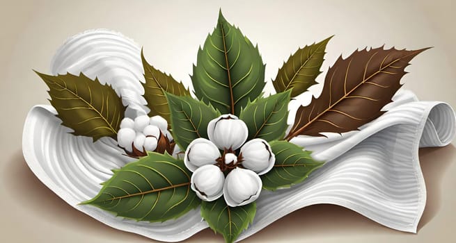 Cotton branch with green leaves on knitted background. Vector illustration.Illustration of a white cotton flower on a cloth background. Beautiful cotton flowers with green leaves on fabric, closeup