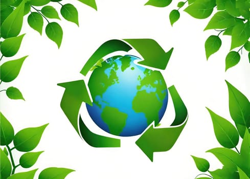 Recycling symbol with green leaves. Vector illustration.Ecology design over white background. Recycling concept and green leaves, vector illustration. Globe and ecology concept.