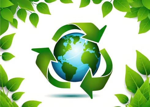 Recycling symbol with green leaves. Vector illustration.Ecology design over white background. Recycling concept and green leaves, vector illustration. Globe and ecology concept.