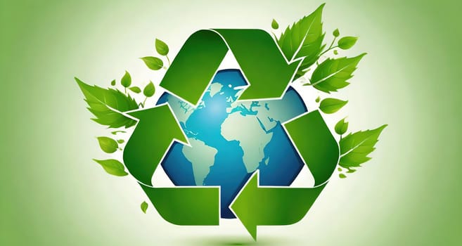 Recycling symbol with green leaves. Vector illustration.Ecology design over white background. Recycling concept and green leaves, vector illustration. Globe and ecology concept.
