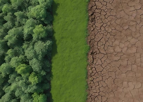 Top view of green nature in the middle of a cracked earth.Green nature in the middle of a dry and cracked earth, aerial view.