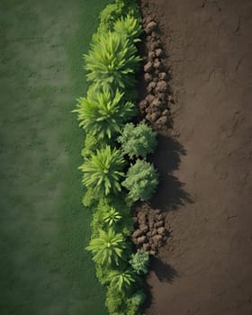 Top view of green nature in the middle of a cracked earth.Green nature in the middle of a dry and cracked earth, aerial view.