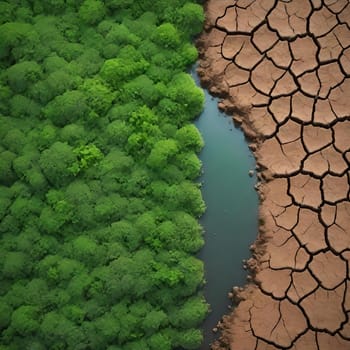 Top view of green nature in the middle of a cracked earth.Green nature in the middle of a dry and cracked earth, aerial view.
