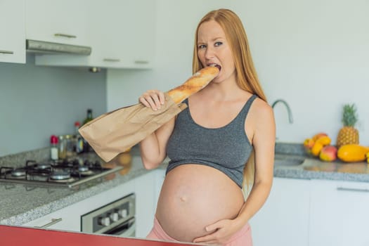 Pregnant woman eating bread in the kitchen. Exploring the impact of gluten during pregnancy: understanding the potential benefits and risks for maternal health and fetal development.