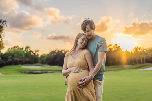 A blissful moment as a pregnant woman and her husband spend quality time together outdoors, savoring each other's company and enjoying the serenity of nature.