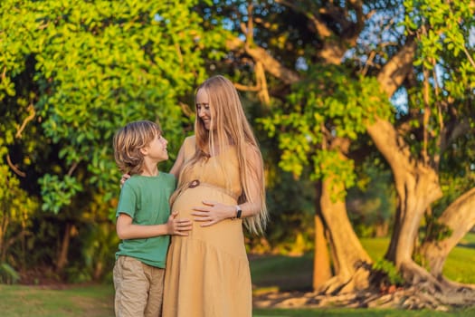 Heartwarming outdoor bonding as a pregnant mom and her son enjoy quality time together, savoring the beauty of nature and creating cherished moments.