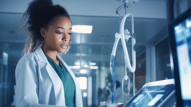 A dark-skinned African American woman in a medical modern bright hospital with modern equipment, where a person undergoes an examination health under insurance. Hospital, medicine, doctor and pharmaceutical company, healthcare and health insurance.