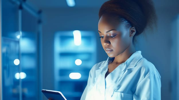 A dark-skinned African American woman in a medical modern bright hospital with modern equipment, where a person undergoes an examination health under insurance. Hospital, medicine, doctor and pharmaceutical company, healthcare and health insurance.