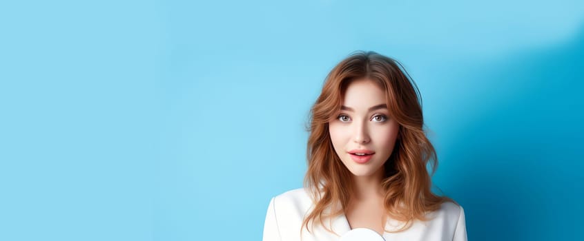 Young girl on blue background, banner.