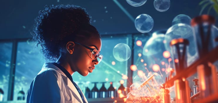 Doctor woman dark-skinned African American in a modern laboratory in a medical hospital with modern equipment. Hospital, medicine, doctor and pharmaceutical company, healthcare and health insurance.