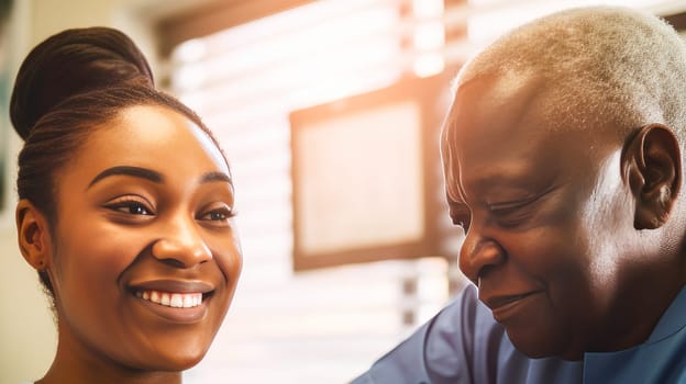 An elderly old patient, a dark-skinned African-American woman, at an appointment with a doctor in a modern bright medical ward of a hospital with modern equipment, new technologies. Hospital, medicine, doctor and pharmaceutical company, healthcare and health insurance.