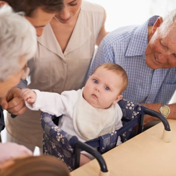 Parents, grandparents and baby with portrait in home with bonding, security and healthy development. Family, men and women or infant in high chair with serious face, vulnerable and parenting in house.