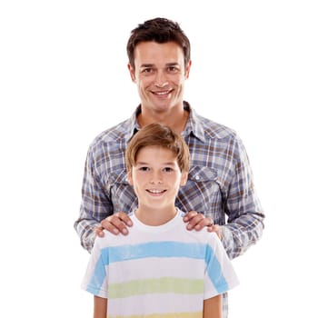 Happy, fashion and portrait of father and son on white background for care, love and relationship. Family, smile and isolated dad with boy in casual style for bonding, support and relax in studio.