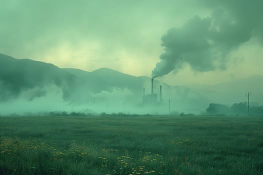 Smoke is billowing out of a factory amidst a natural landscape, polluting the atmosphere with gas, creating a thick fog under a cloudy sky
