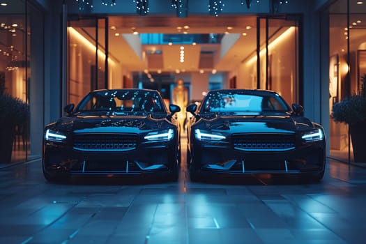 Two black cars are parked adjacent to each other in front of a building, showcasing their sleek automotive design and stylish presence on the street