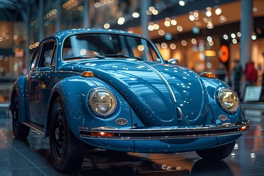 A blue Volkswagen Beetle with automotive design is parked in a shopping mall, showcasing its unique hood and wheels