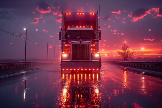 A cloud of water hangs above as an automotive lighting cuts through the night on a wet highway. The vehicle moves towards the city on the horizon, casting a reflection of heat on the road