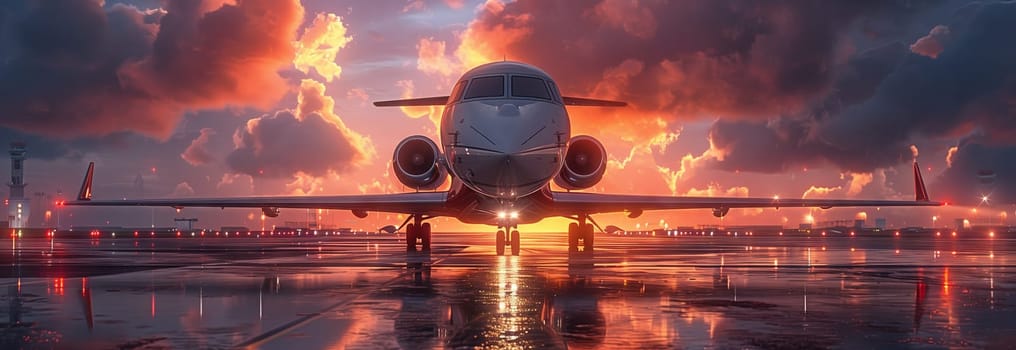 An aircraft is parked on the tarmac of an airport at sunset, with the sky turning a magenta hue as the sun sets over the horizon