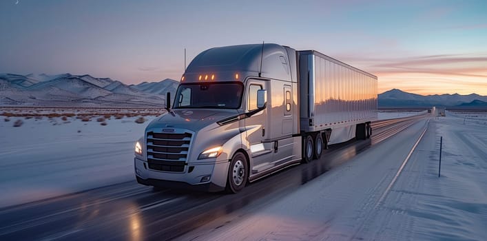 A semi truck with automotive tires is driving down a snowy highway at sunset, with automotive lighting illuminating the snowy terrain and the sky in the background