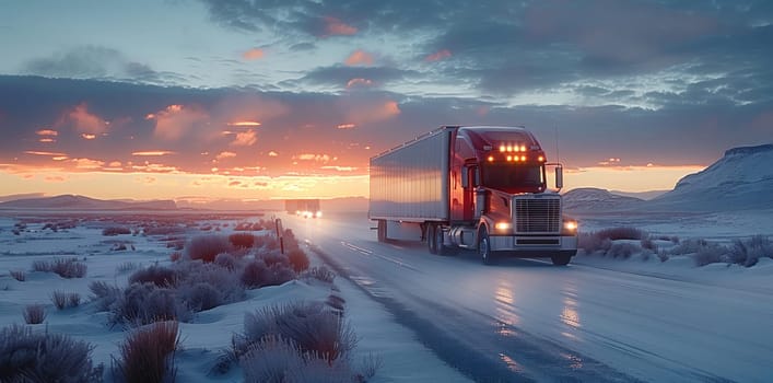 A semi truck is traveling down a snowcovered road at sunset, with the sky painted in hues of pink and orange