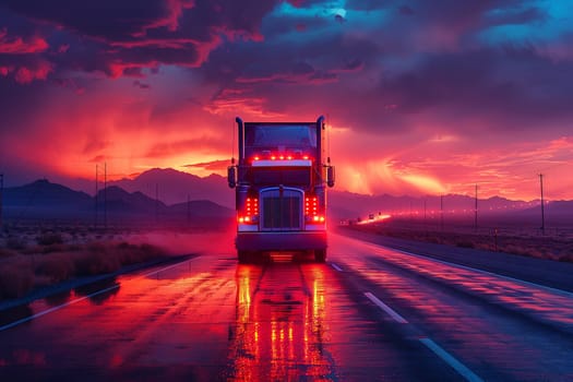 A semi truck is driving down a wet road under a colorful sunset sky, with the reflection of the clouds on the water, surrounded by a natural landscape at dusk