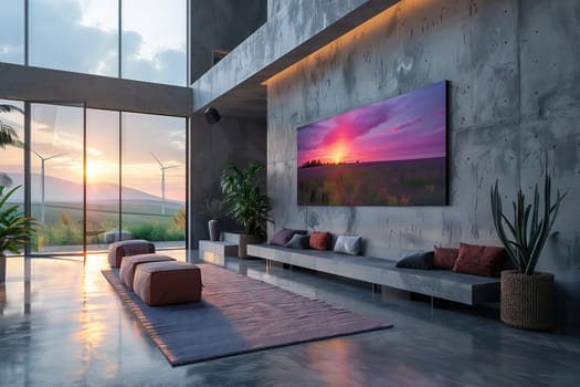 A cozy living room with a spacious flat screen TV mounted on the wall. The interior design features wood flooring and a houseplant adding a touch of nature to the space