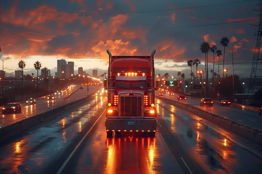An automotive lighting semi truck is cruising down the asphalt highway at dusk, under the cloudy sky, passing by buildings and water, with the horizon in the distance