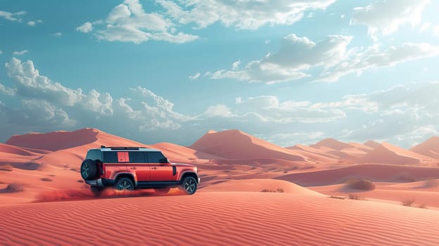 A vibrant red jeep navigates through the vast desert under a clear blue sky with fluffy white clouds, its rugged tires rolling over the sandy terrain