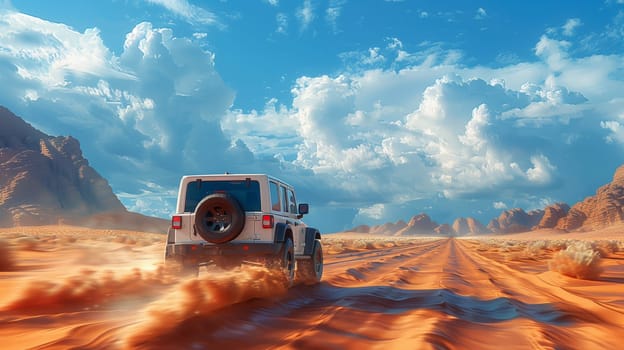 A white truck is cruising along a dusty desert road under a cloudy sky, its automotive tires kicking up dust as the landscape passes by
