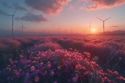 A vast and colorful natural landscape filled with a field of purple flowers, with windmills in the background under a stunning sunset sky