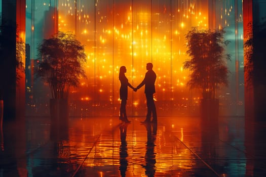 A couple is interlocking hands in front of a mesmerizing wall of lights, creating a romantic and enchanting atmosphere