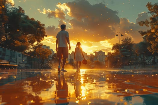 A man and a girl stroll along a rainsoaked street under the painted sky of dusk, surrounded by the natural landscape adorned with trees and clouds