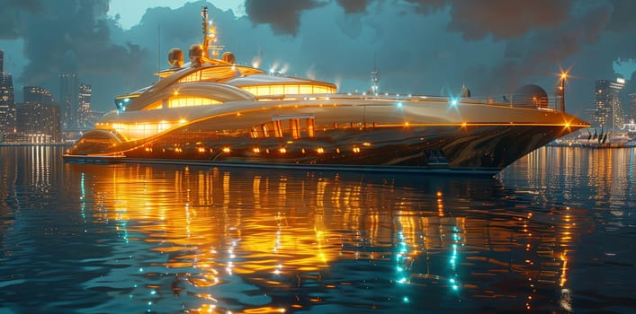 A luxurious yacht glides across the serene, moonlit waters under a starry sky, showcasing the beauty of naval architecture on a peaceful night journey