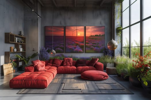 An inviting living room with a red sectional couch, a painting on the wall, and wooden flooring, showcasing a cozy and stylish interior design