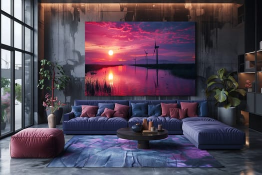 Interior design featuring a violet couch and a stunning painting hanging on the wall, creating a vibrant atmosphere in the living room