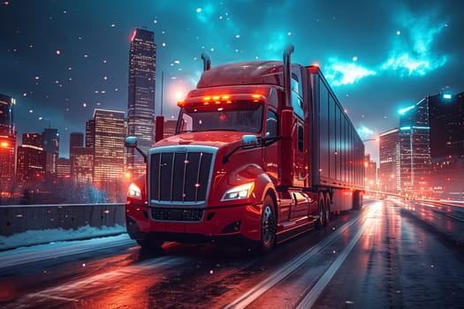 A red semi truck with bright automotive lighting is moving along a snowcovered highway under a starry sky at night