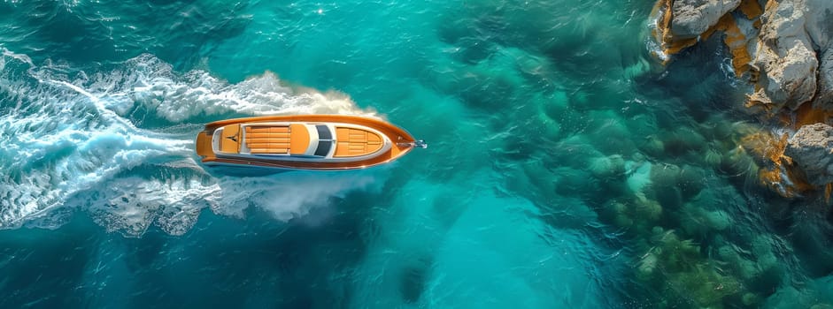 An electric blue boat is peacefully floating on liquid water, showcasing naval architecture from an aerial view. Below the surface lies a world of underwater marine biology