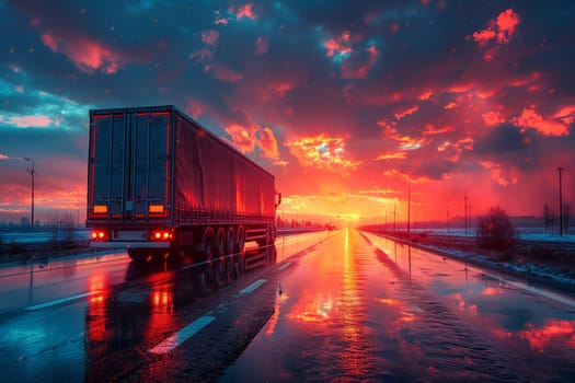 A semi truck is navigating a wet highway at sunset, with the sky painted in hues of afterglow. The automotive lighting reflects off the water, creating a mesmerizing atmosphere