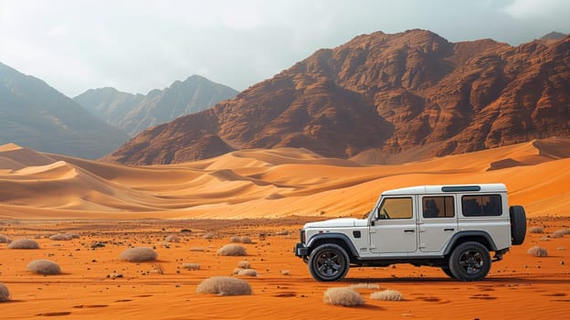 A white jeep with its tires buried in the sand is parked in the vast desert under a clear blue sky