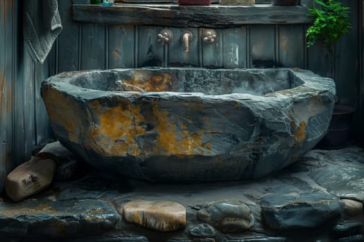 A gaspowered water feature made of bedrock is the centerpiece in the bathroom, with a large stone bathtub on a counter. The landscape includes wood accents and rocky art