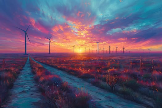 A natural landscape painting at dusk depicting windmills in a field under a red sky afterglow. The atmosphere is filled with the beauty of the sunset