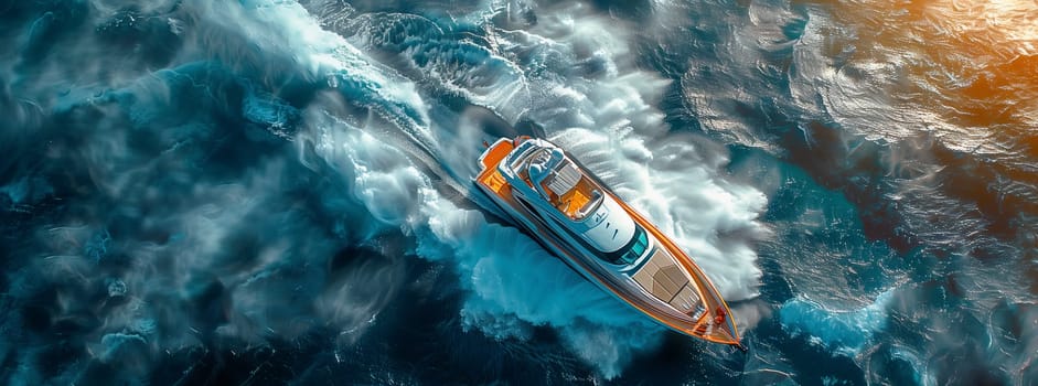 Observing from above, a watercraft sails peacefully on the liquid surface, showcasing naval architecture and the beauty of water transportation