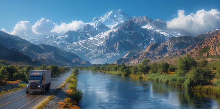 A vehicle travels on a road alongside a river with mountains in the background, under a sky with scattered clouds, surrounded by a natural landscape