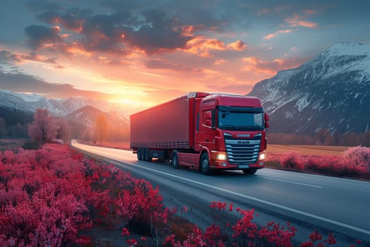 A red semi truck is cruising on an asphalt road in the mountains at sunset, with the sky painted in hues of orange and pink, and clouds adding to the picturesque view