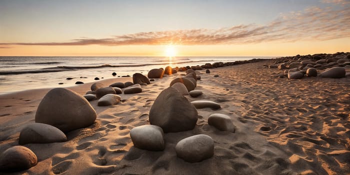Pattern of stones on a sandy beach, illuminated by the warm colors of a sunset.