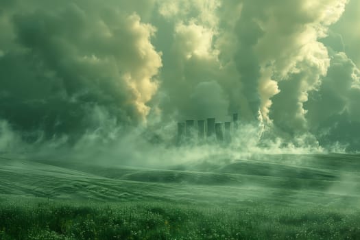 A green field with a city in the background, clouds in the sky, and a peaceful atmosphere. The natural landscape is enhanced by the cumulus clouds floating in the sky