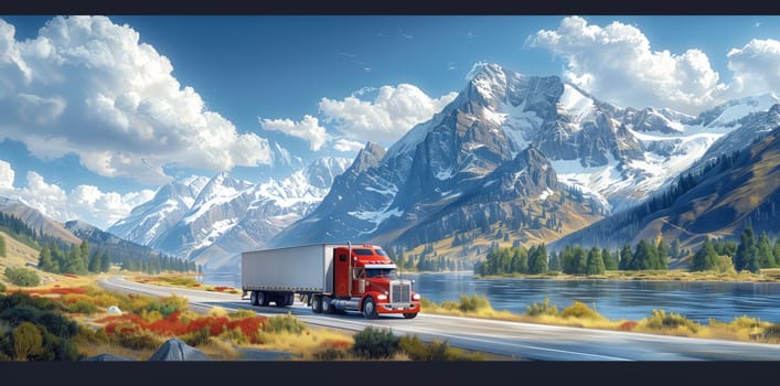 A red semi truck is traveling down a mountain road beside a lake, surrounded by a picturesque natural landscape with snowy peaks and a clear blue sky